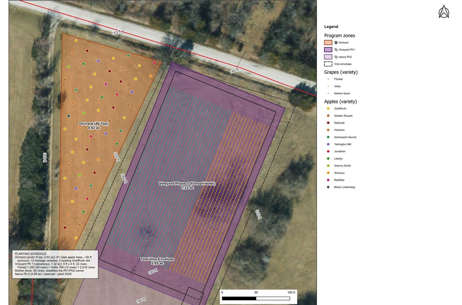 Aerial estate site plan showing an orchard zone with colored tree markers, a vineyard block with 32 planted rows, and a reserved future block, with a legend of grape and apple varieties