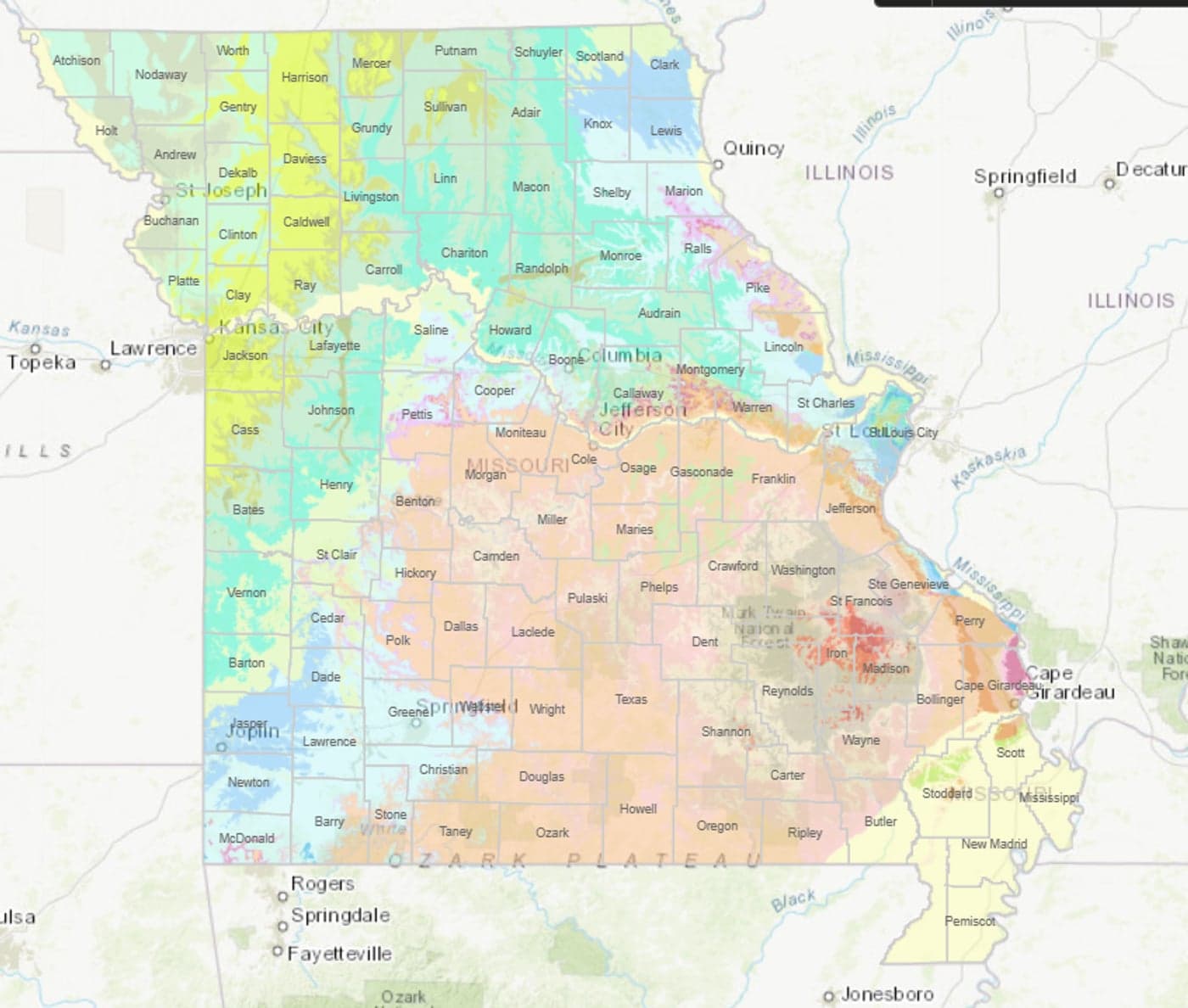Geological map of Missouri showing bedrock provinces by color